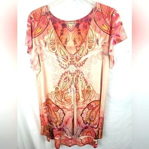 Live and Let Live Orange & Beige Jeweled  Paisley Tunic Short Sleeve Shirt Sz XL